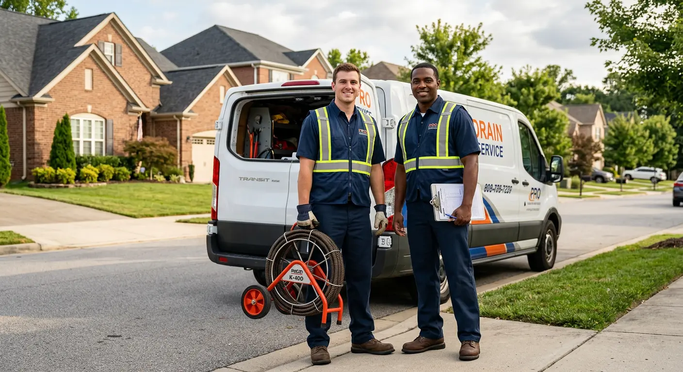 Sewer and drain service team with equipment ready for work in Mayfield Heights