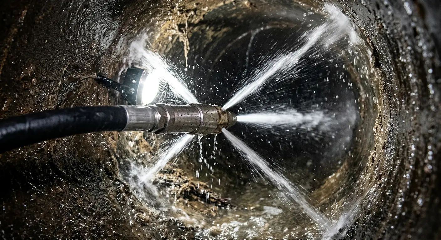 High-pressure hydro jetting nozzle cleaning sewer pipe for Emergency Drain Service in Mayfield Heights