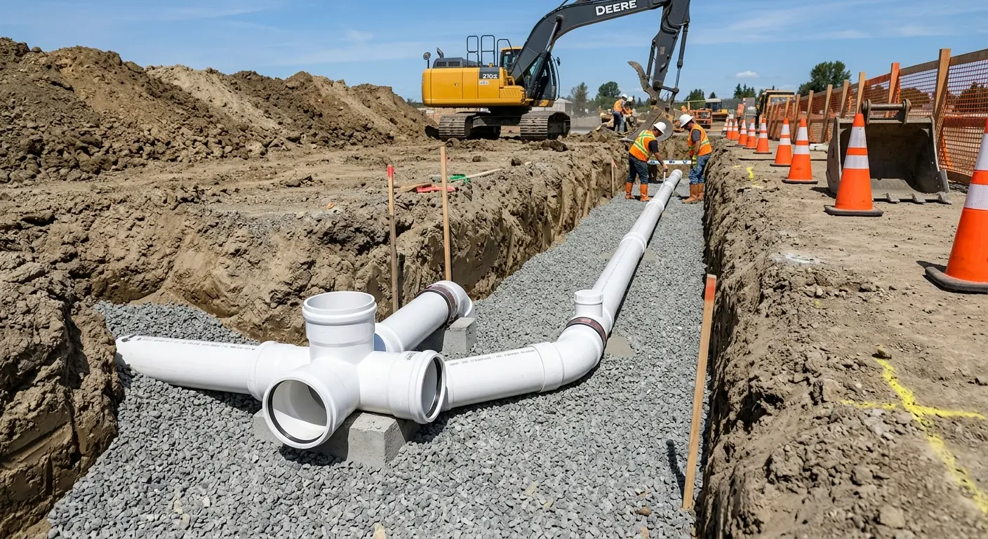 New PVC sewer pipe installation in open trench for Grease Trap Cleaning in Mayfield Heights