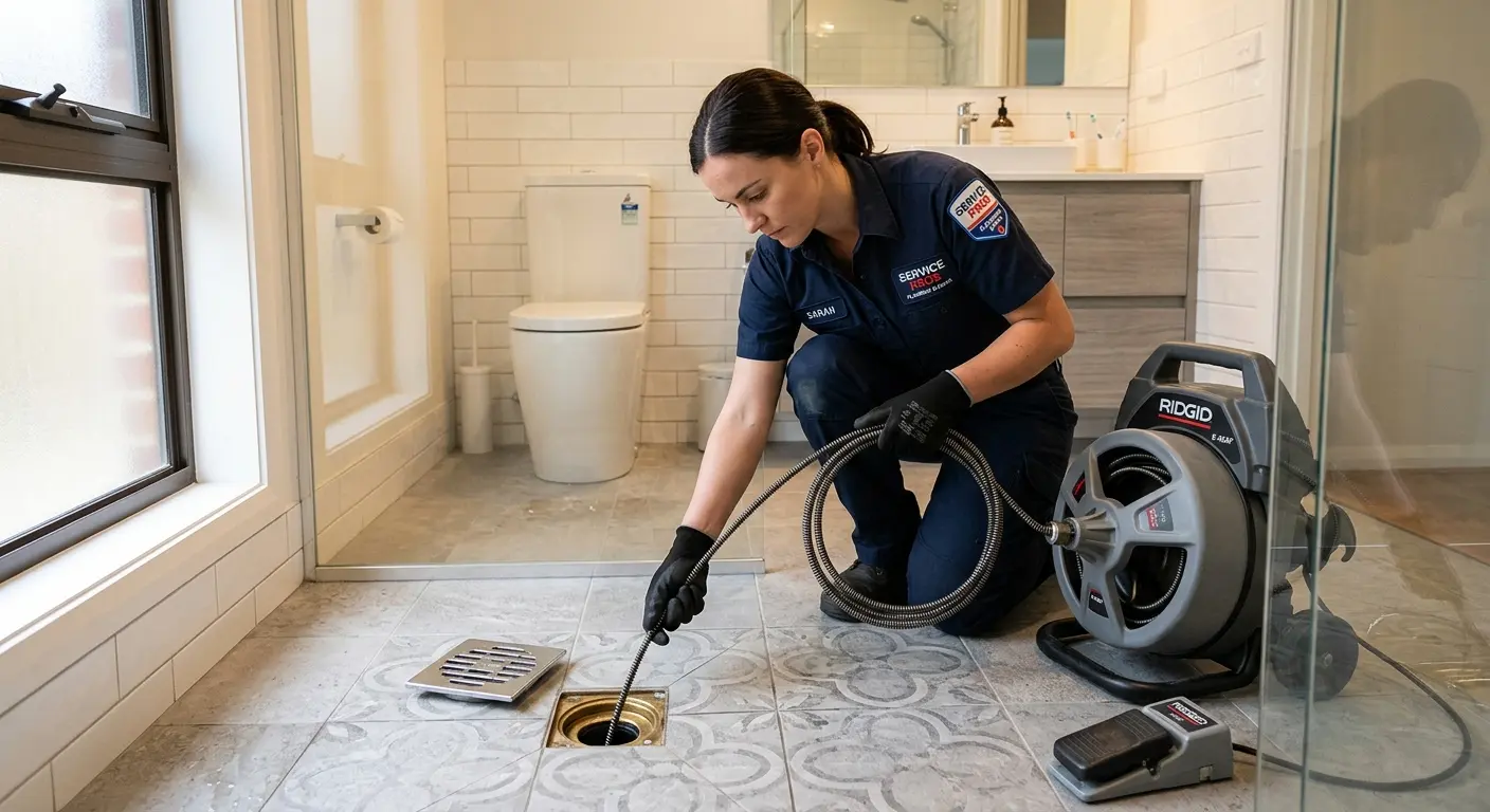 Technician clearing a bathroom floor drain for Drain Repair in Mayfield Heights
